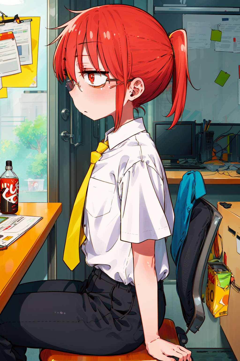 00096-490363507-masterpiece,best quality,1girl,kobayashi_san,ponytail,short hair,red eyes,red hair,glasses,flat chest,uniform,black pants,white.png